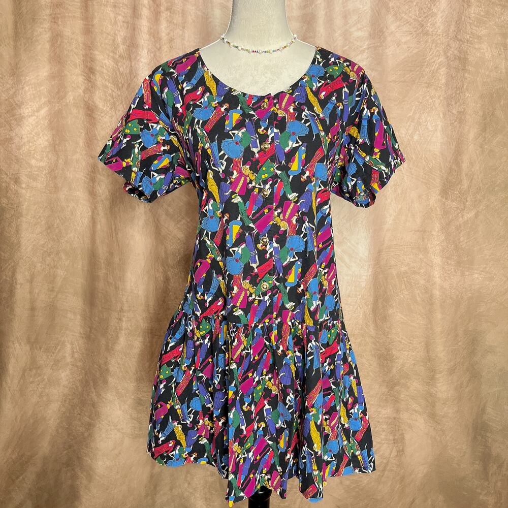 Vintage 80s Fashion Novelty Print Dress Drop Waist Multicolor Mini Graphic Retro